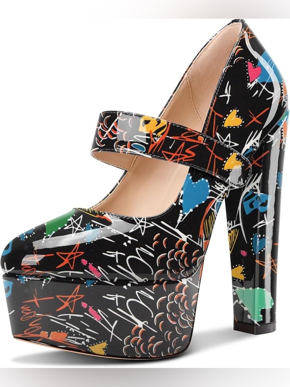 Multi-Color Graffiti Mary Jane Platform Chunky Block Heel Classic T-Strap Size 7